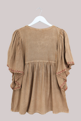 Embroidered Tunic Smock Top in Honey Beige - Free Size