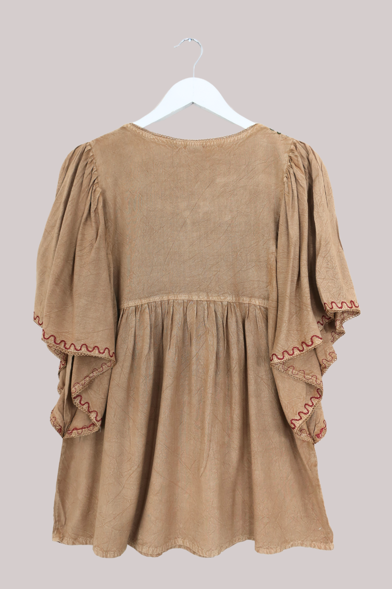 Embroidered Tunic Smock Top in Honey Beige - Free Size
