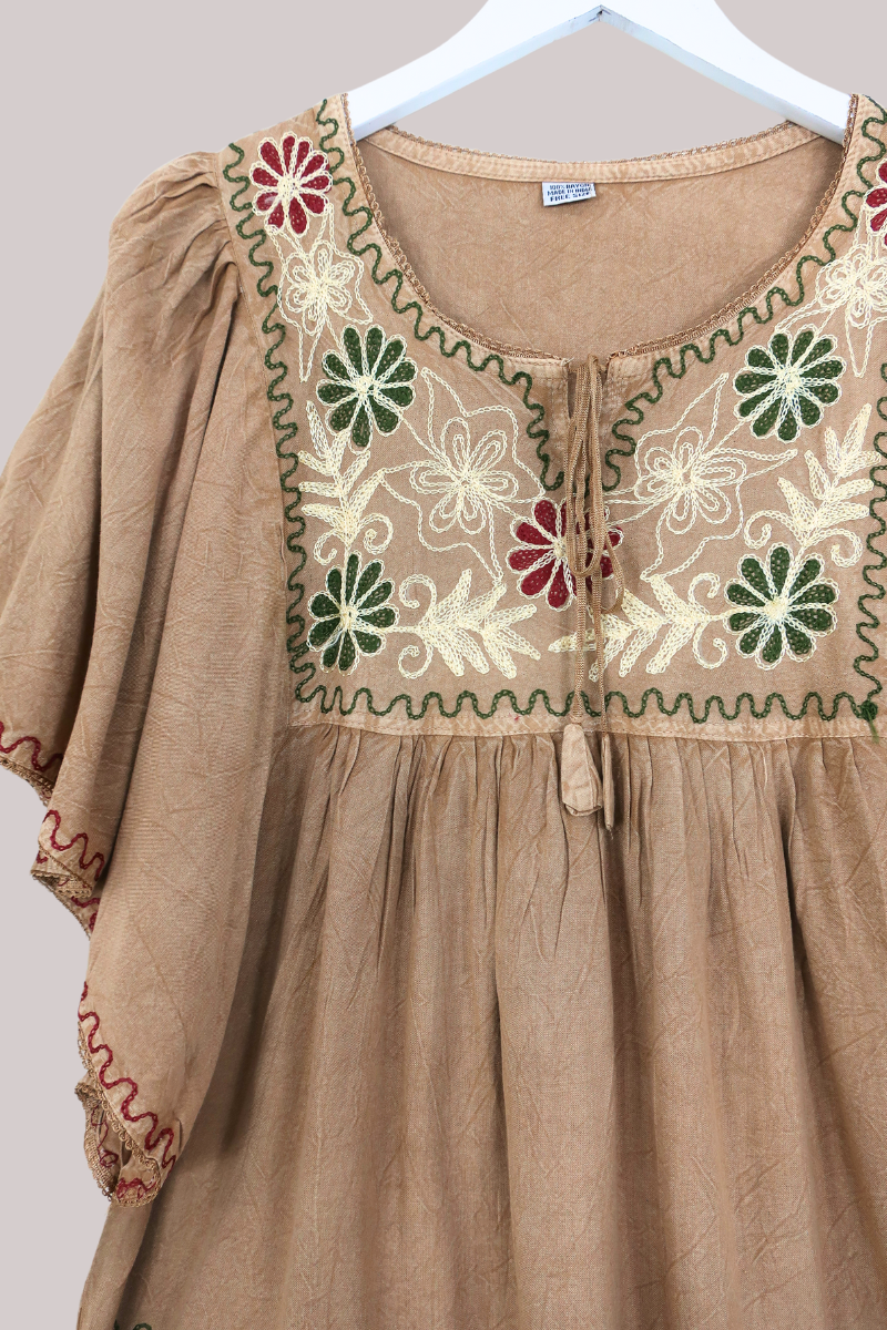 Embroidered Tunic Smock Top in Honey Beige - Free Size