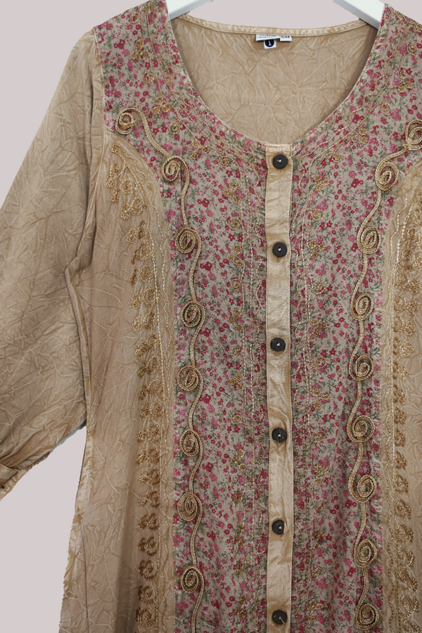 Indian Embroidered Half-Sleeve Maxi in Stone Beige Floral by All About Audrey