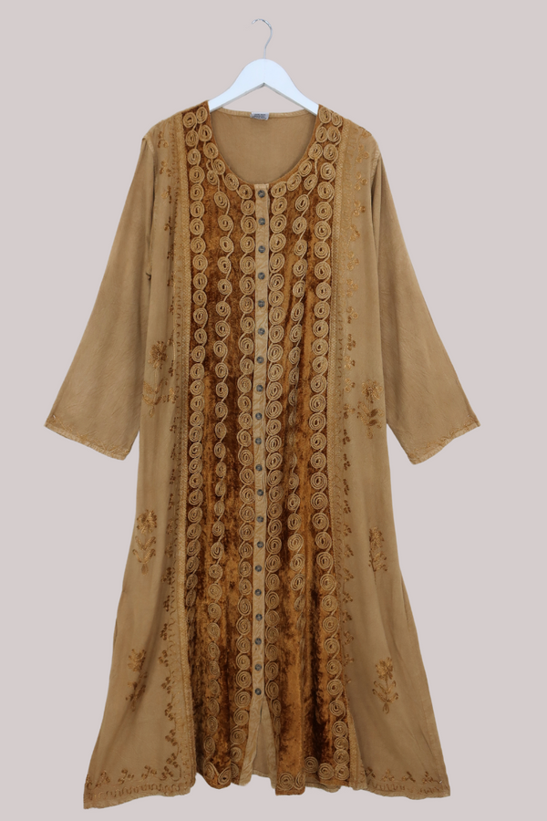Indian Velvet Embroidered Kaftan in Honey Gold by All About Audrey
