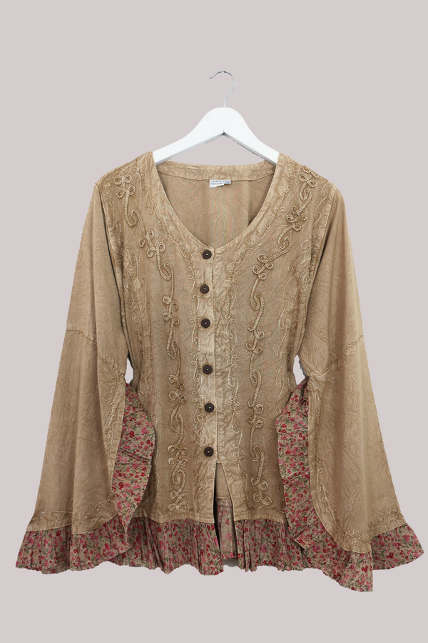 Embroidered Frill Sleeve Blouse in Honey Beige - Free Size