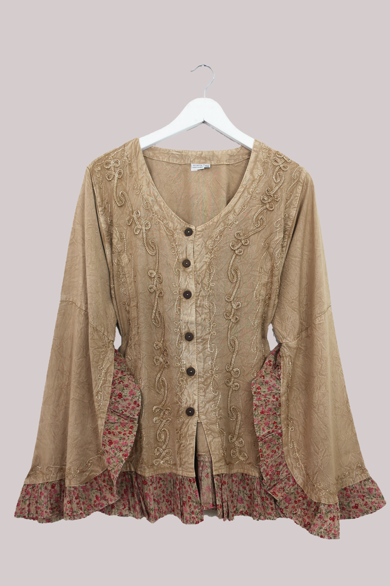 Embroidered Frill Sleeve Blouse in Honey Beige - Free Size