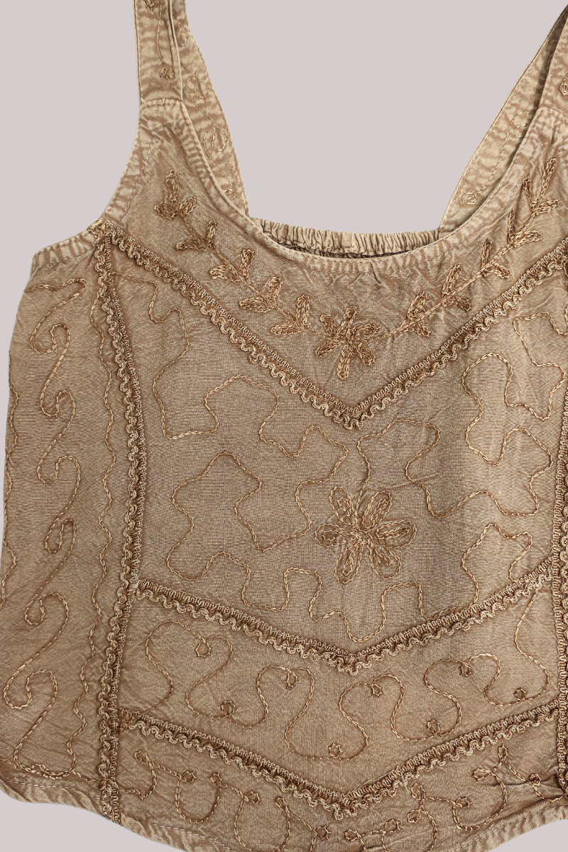 Embroidered Handkerchief Top in Honey Beige - Free Size