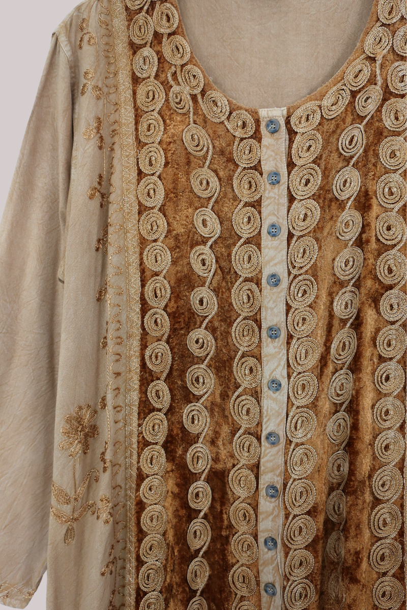 Indian Velvet Embroidered Kaftan in Honey Gold by All About Audrey