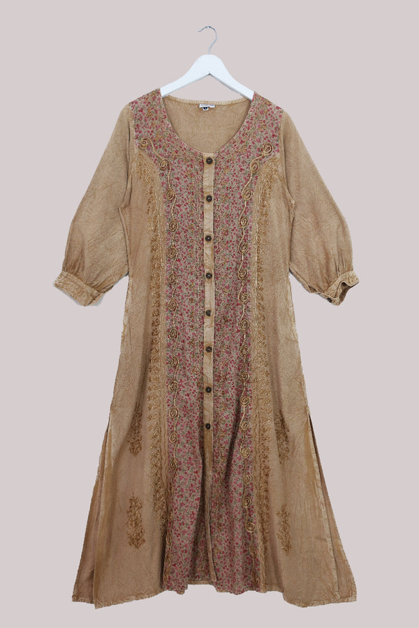 Indian Embroidered Half-Sleeve Maxi in Stone Beige Floral by All About Audrey