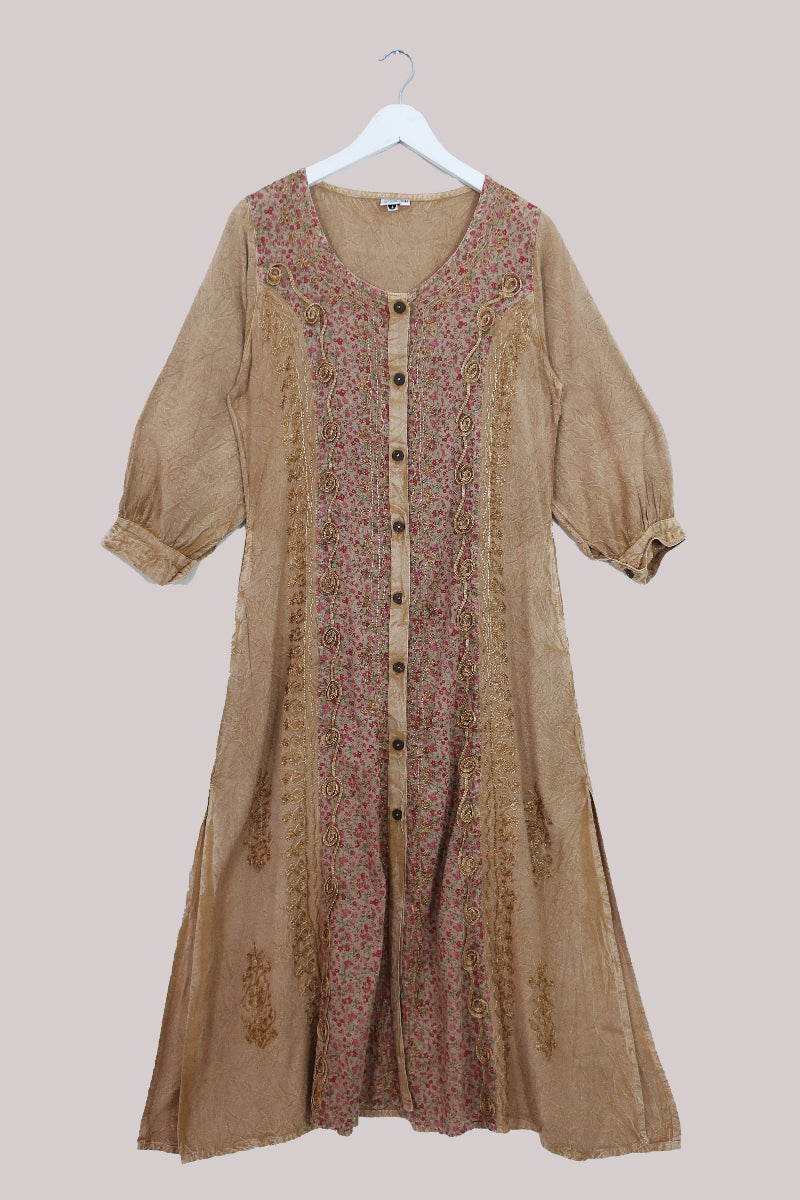 Indian Embroidered Half-Sleeve Maxi in Stone Beige Floral by All About Audrey