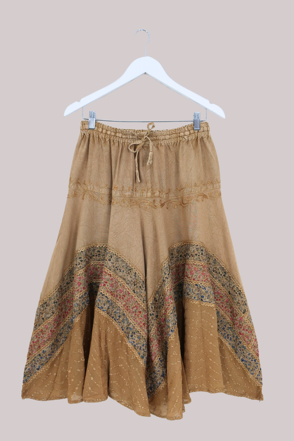 Embroidered A-Line Midi Skirt in Honey Beige - Free Size