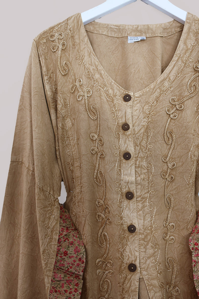 Embroidered Frill Sleeve Blouse in Honey Beige - Free Size