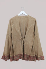 Embroidered Frill Sleeve Blouse in Honey Beige - Free Size