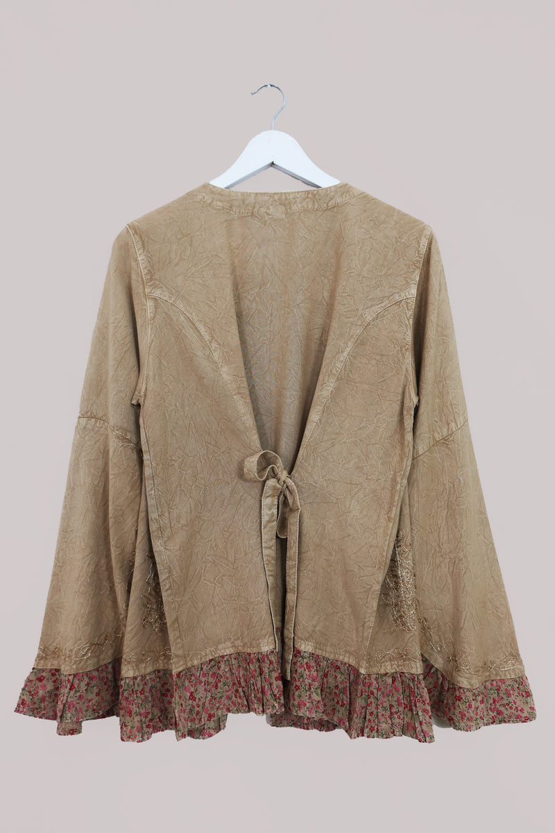 Embroidered Frill Sleeve Blouse in Honey Beige - Free Size