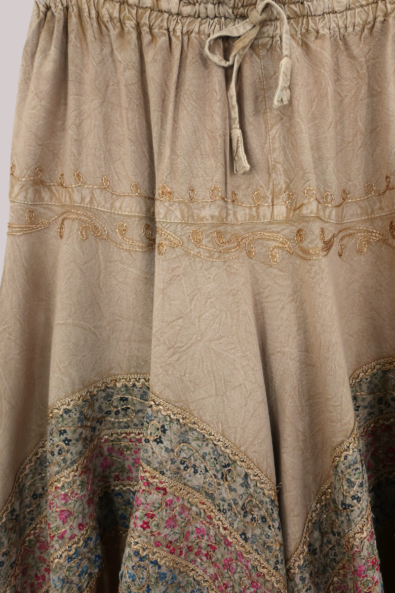 Embroidered A-Line Midi Skirt in Honey Beige - Free Size