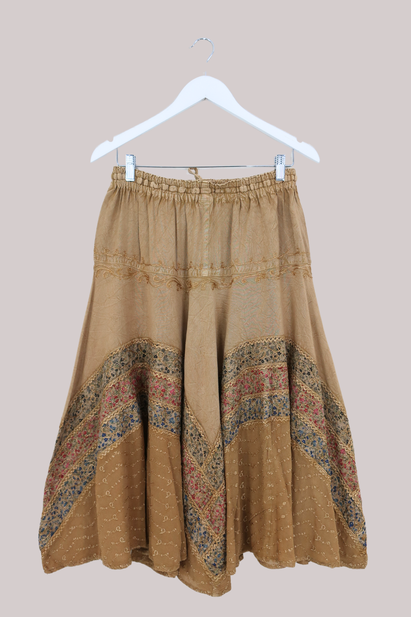 Embroidered A-Line Midi Skirt in Honey Beige - Free Size