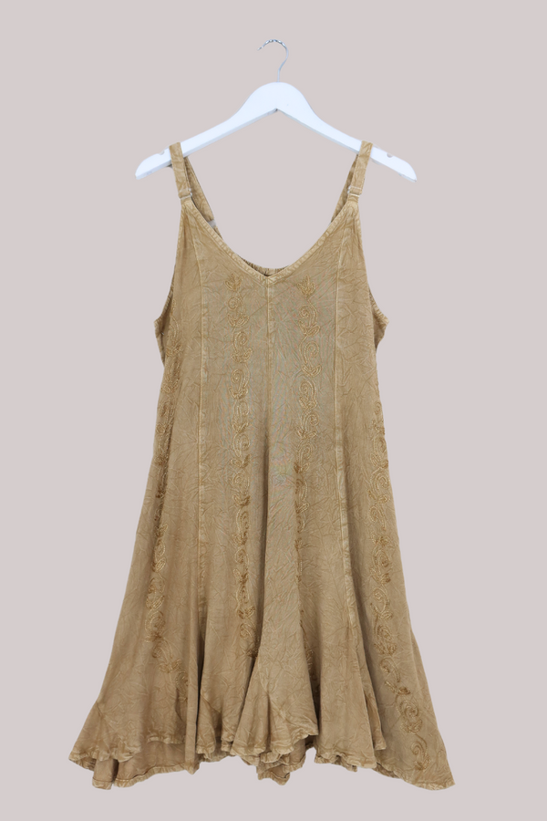 Indian Embroidered Mini Slip Dress in Stone Beige - Free Size by All About Audrey