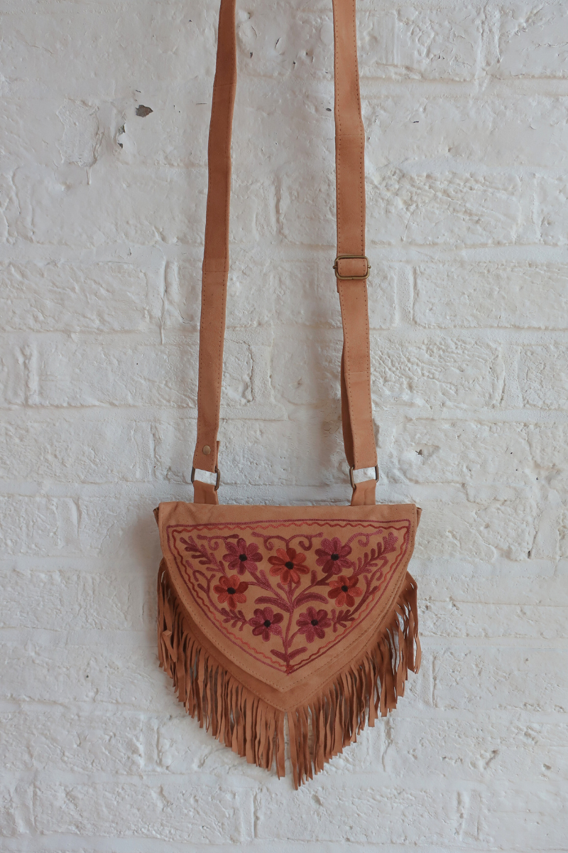 Zelda Embroidered Suede Saddle Bag in Camel & Plum Purple Cosmos