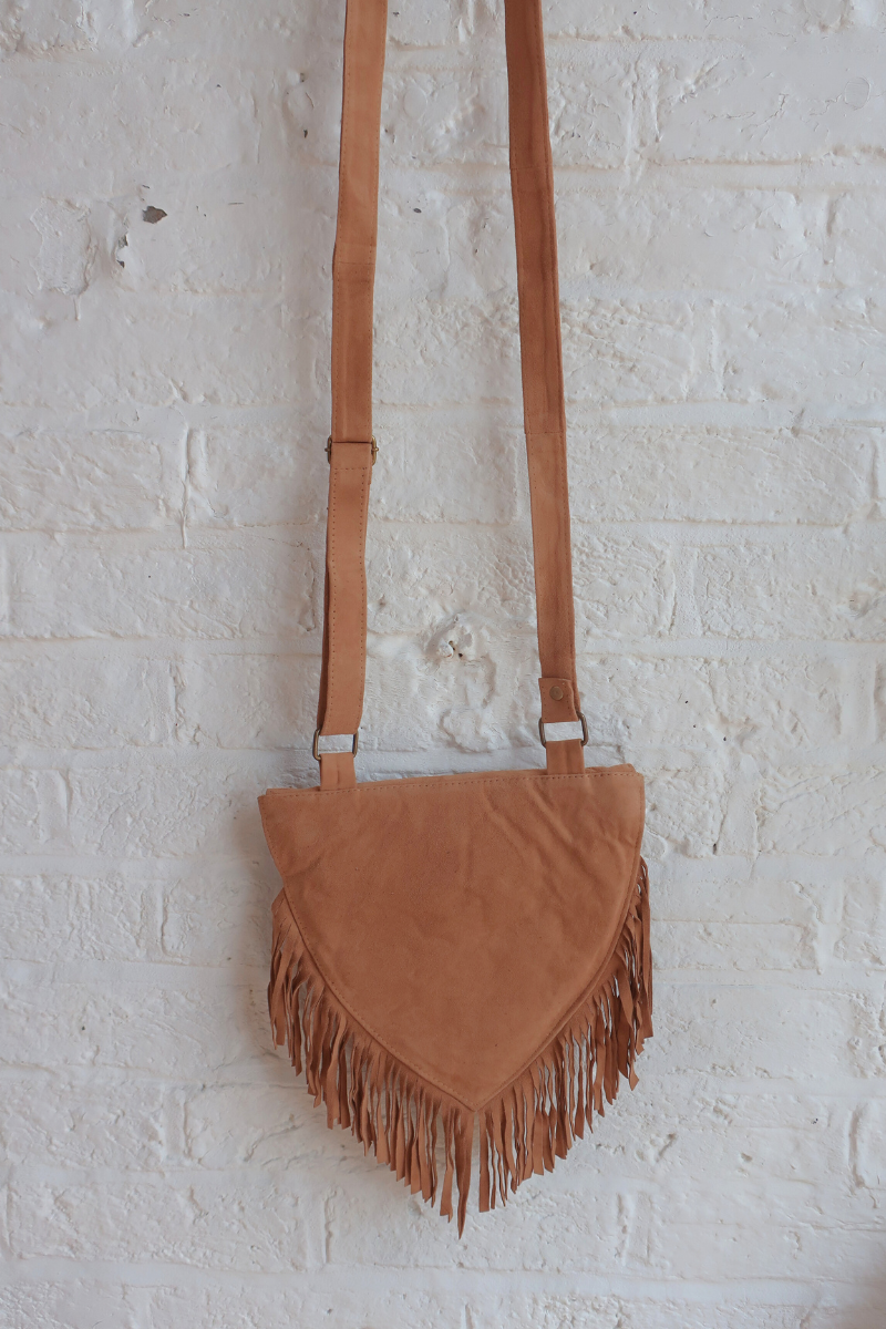 Zelda Embroidered Suede Saddle Bag in Camel & Plum Purple Cosmos