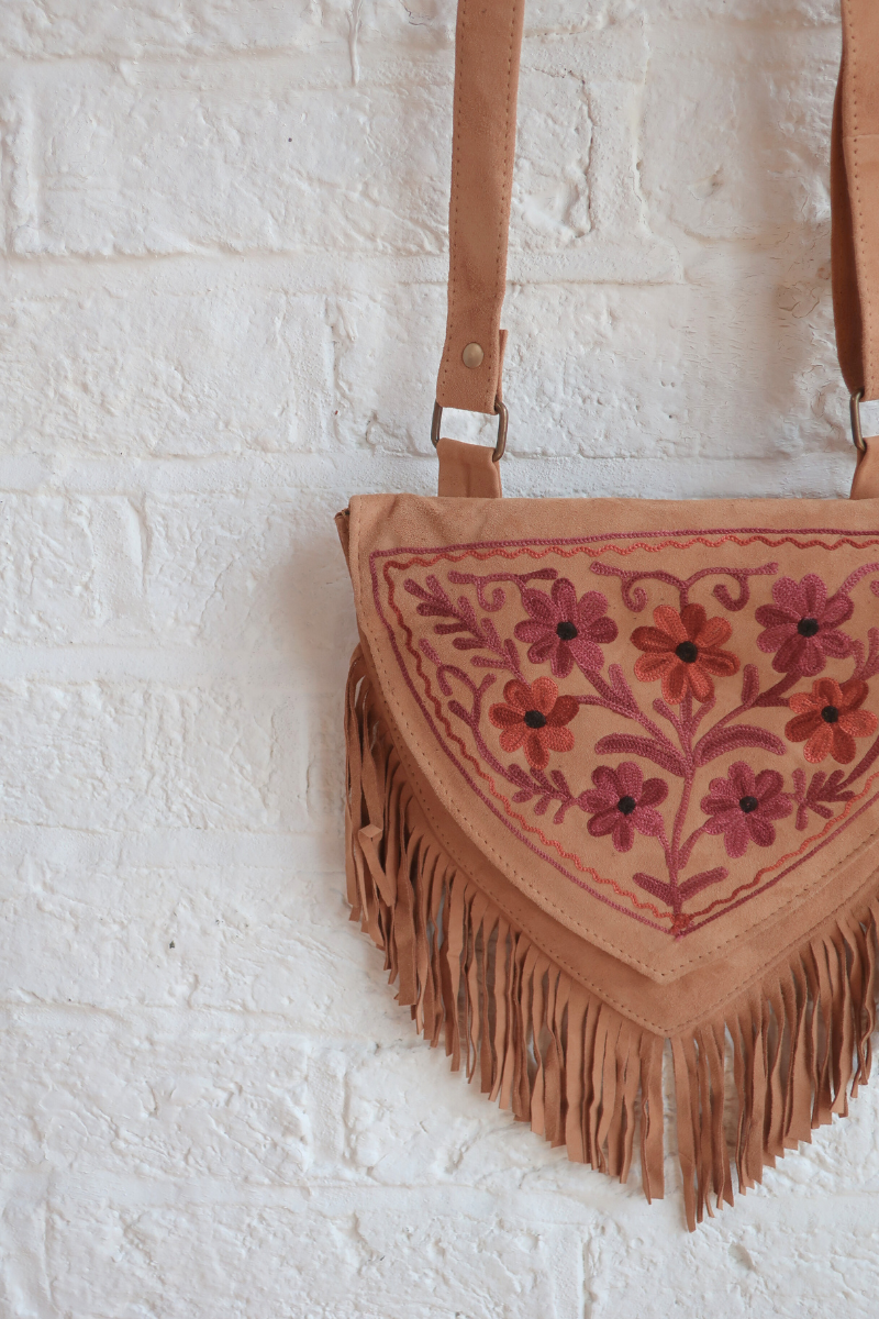 Zelda Embroidered Suede Saddle Bag in Camel & Plum Purple Cosmos
