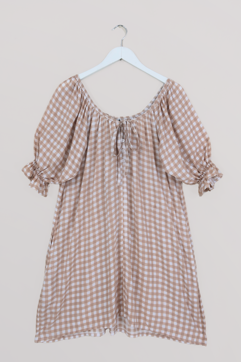 Dolly Mini Dress in Biscuit Brown Gingham | All About Audrey  All About  Audrey Vintage Boutique