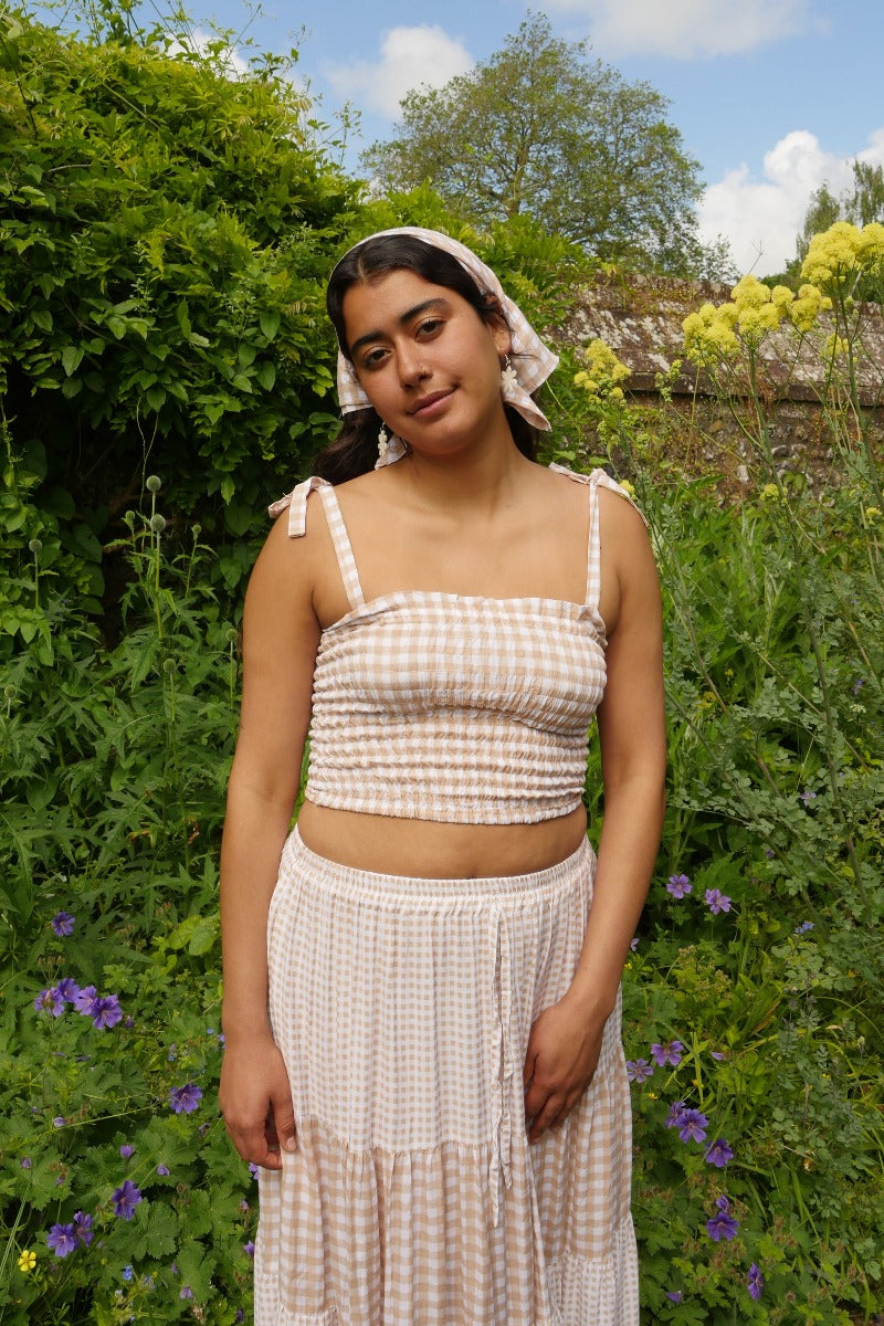 Rosa Ribbon Top in Biscuit Brown Gingham by All About Audrey