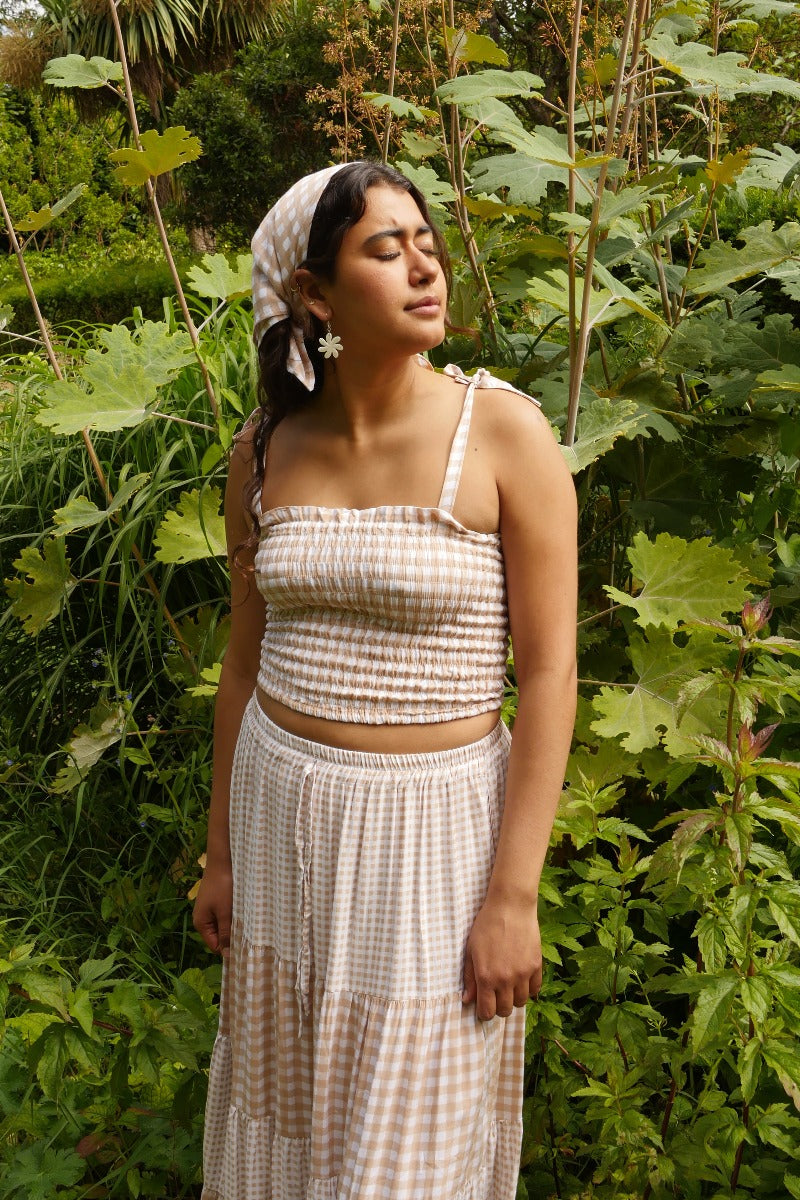 Rosa Ribbon Top in Biscuit Brown Gingham by All About Audrey