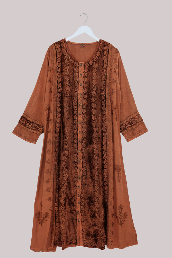 Indian Velvet Embroidered Kaftan in Bitter Orange by All About Audrey