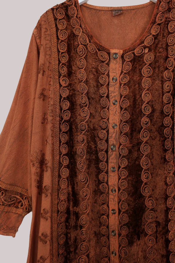 Indian Velvet Embroidered Kaftan in Bitter Orange by All About Audrey