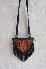 Zelda Embroidered Suede Saddle Bag in Black & Copper Autumn Leaf