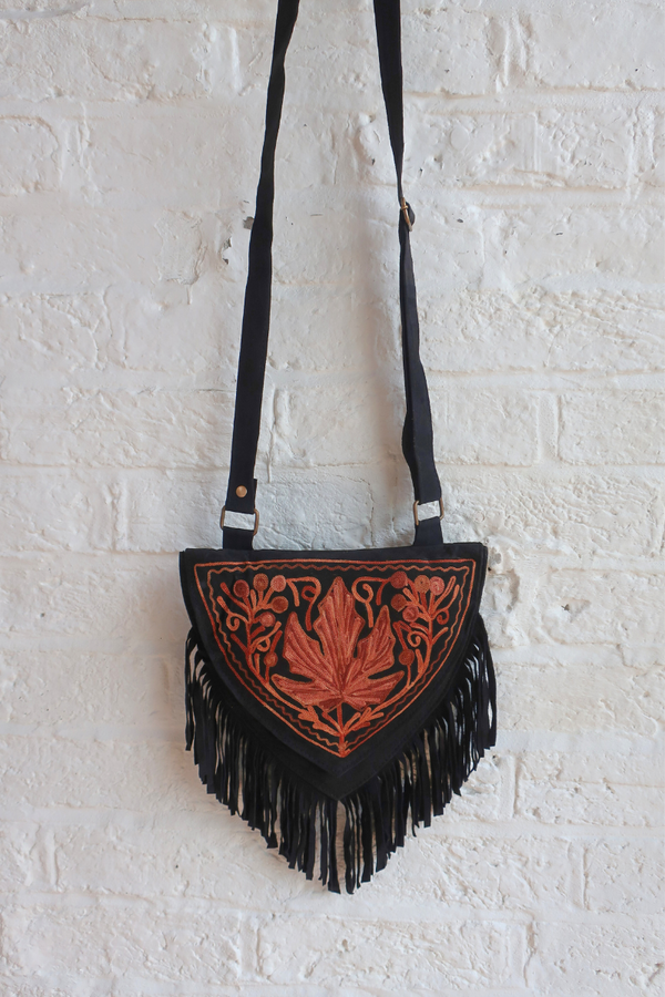 Zelda Embroidered Suede Saddle Bag in Black & Copper Autumn Leaf