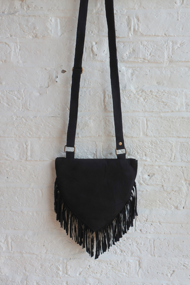 Zelda Embroidered Suede Saddle Bag in Black & Copper Autumn Leaf