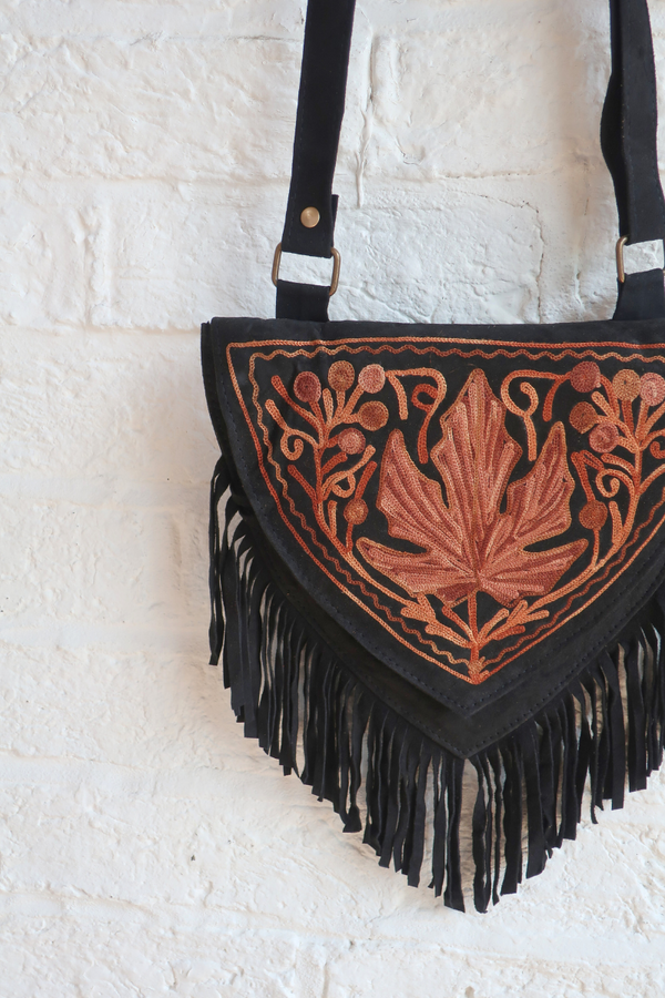 Zelda Embroidered Suede Saddle Bag in Black & Copper Autumn Leaf