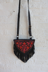 Zelda Embroidered Suede Saddle Bag in Black & Mulberry Ivy