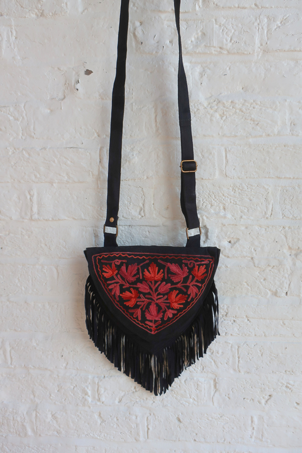 Zelda Embroidered Suede Saddle Bag in Black & Mulberry Ivy