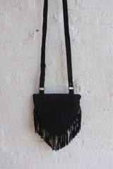 Zelda Embroidered Suede Saddle Bag in Black & Mulberry Ivy