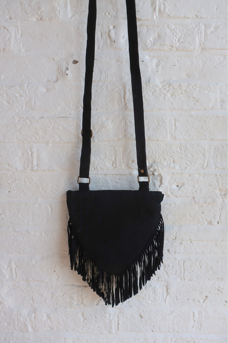 Zelda Embroidered Suede Saddle Bag in Black & Mulberry Ivy
