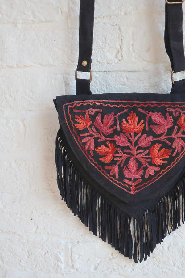 Zelda Embroidered Suede Saddle Bag in Black & Mulberry Ivy
