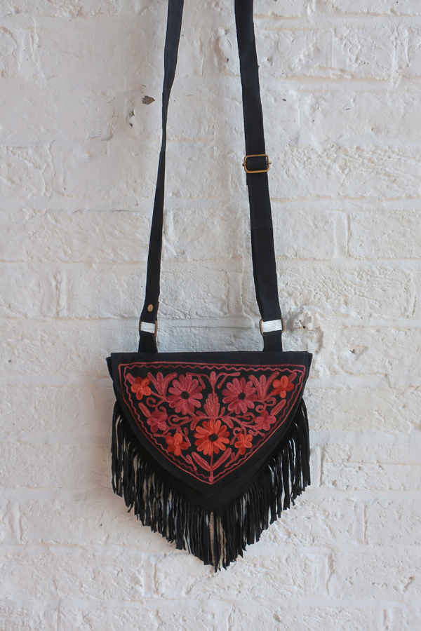 Zelda Embroidered Suede Saddle Bag in Black & Auburn Florals