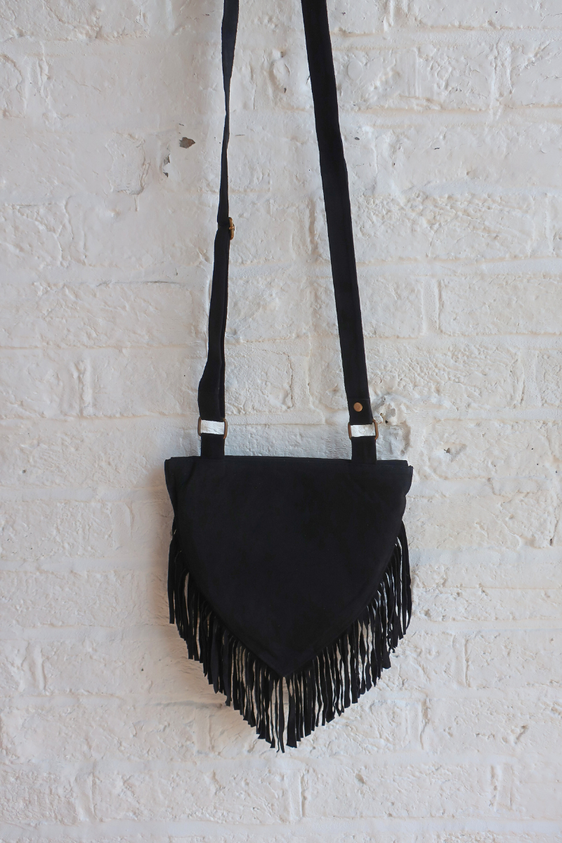 Zelda Embroidered Suede Saddle Bag in Black & Auburn Florals