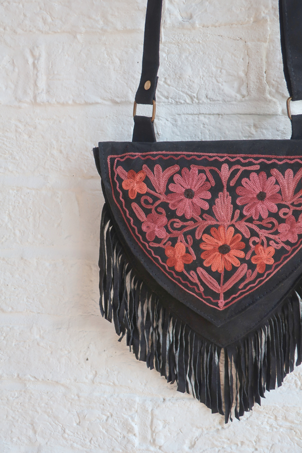 Zelda Embroidered Suede Saddle Bag in Black & Auburn Florals