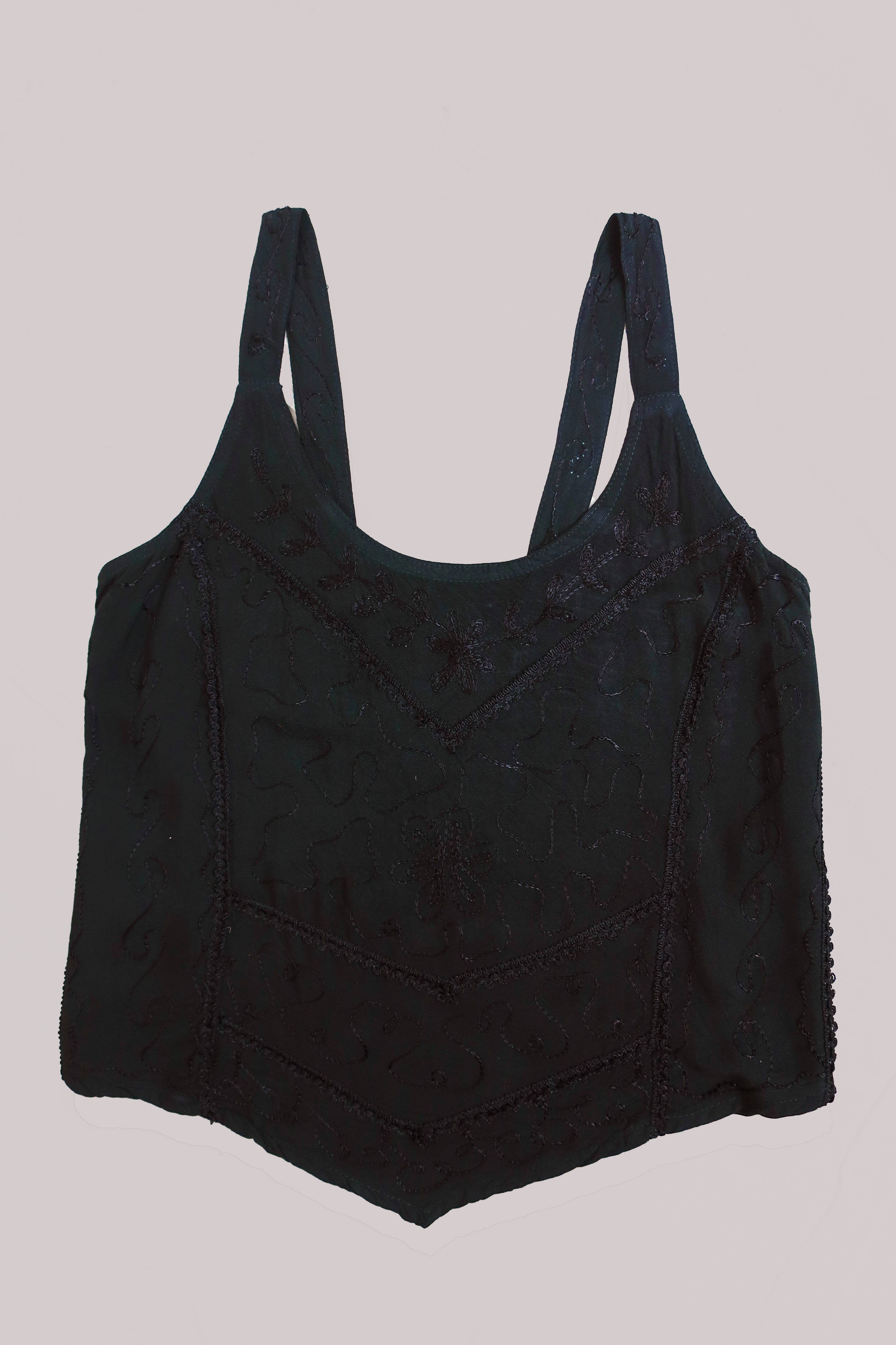 Embroidered Handkerchief Top in Pitch Black - Free Size