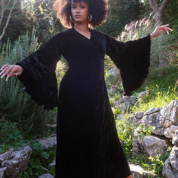 Crushed Velvet Frilly Maxi Dress Morticia Black All About