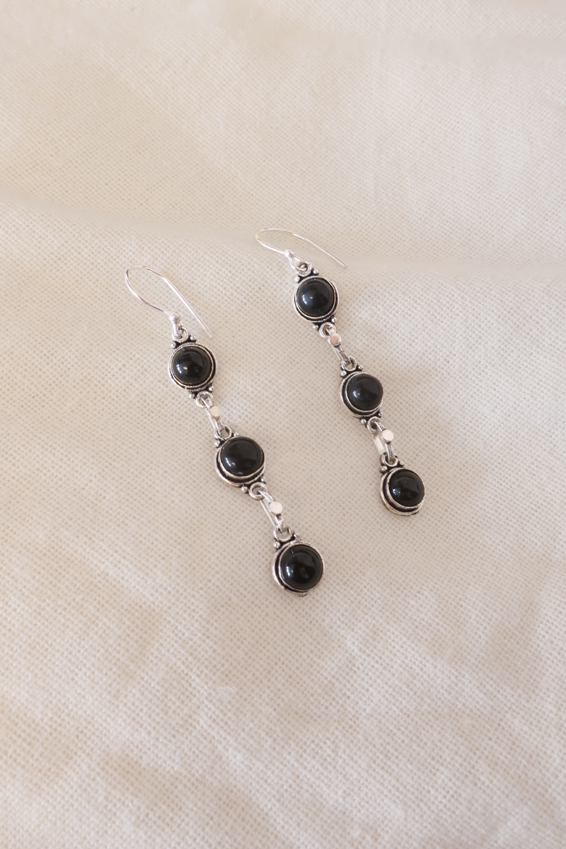 Black Onyx Beads Silver Plated Earrings