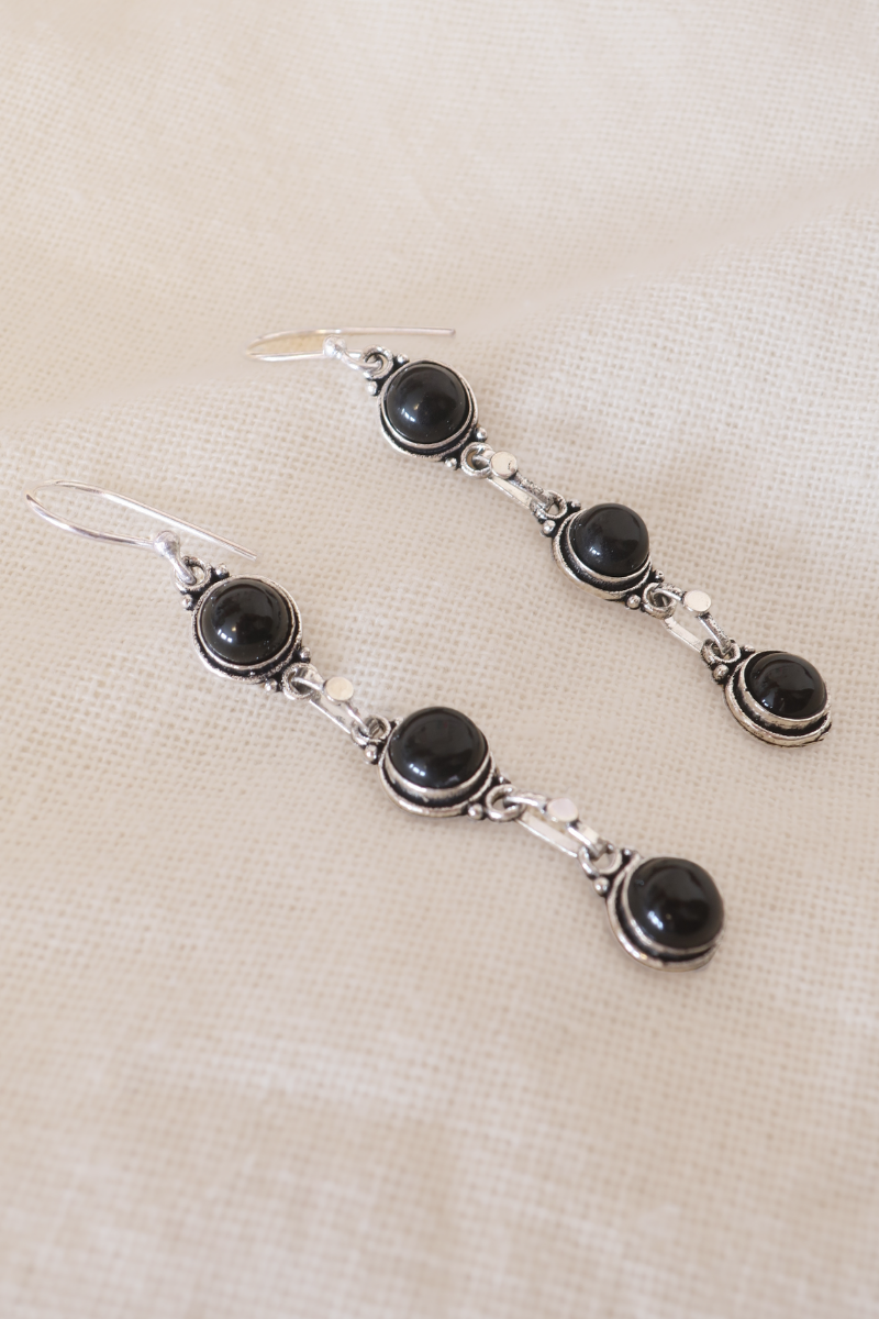 Black Onyx Beads Silver Plated Earrings