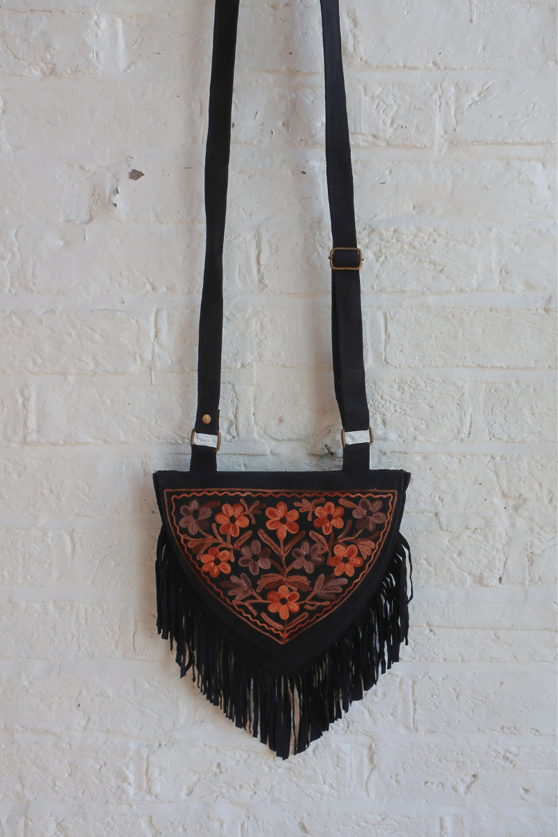Zelda Embroidered Suede Saddle Bag in Black & Golden Brown Cosmos