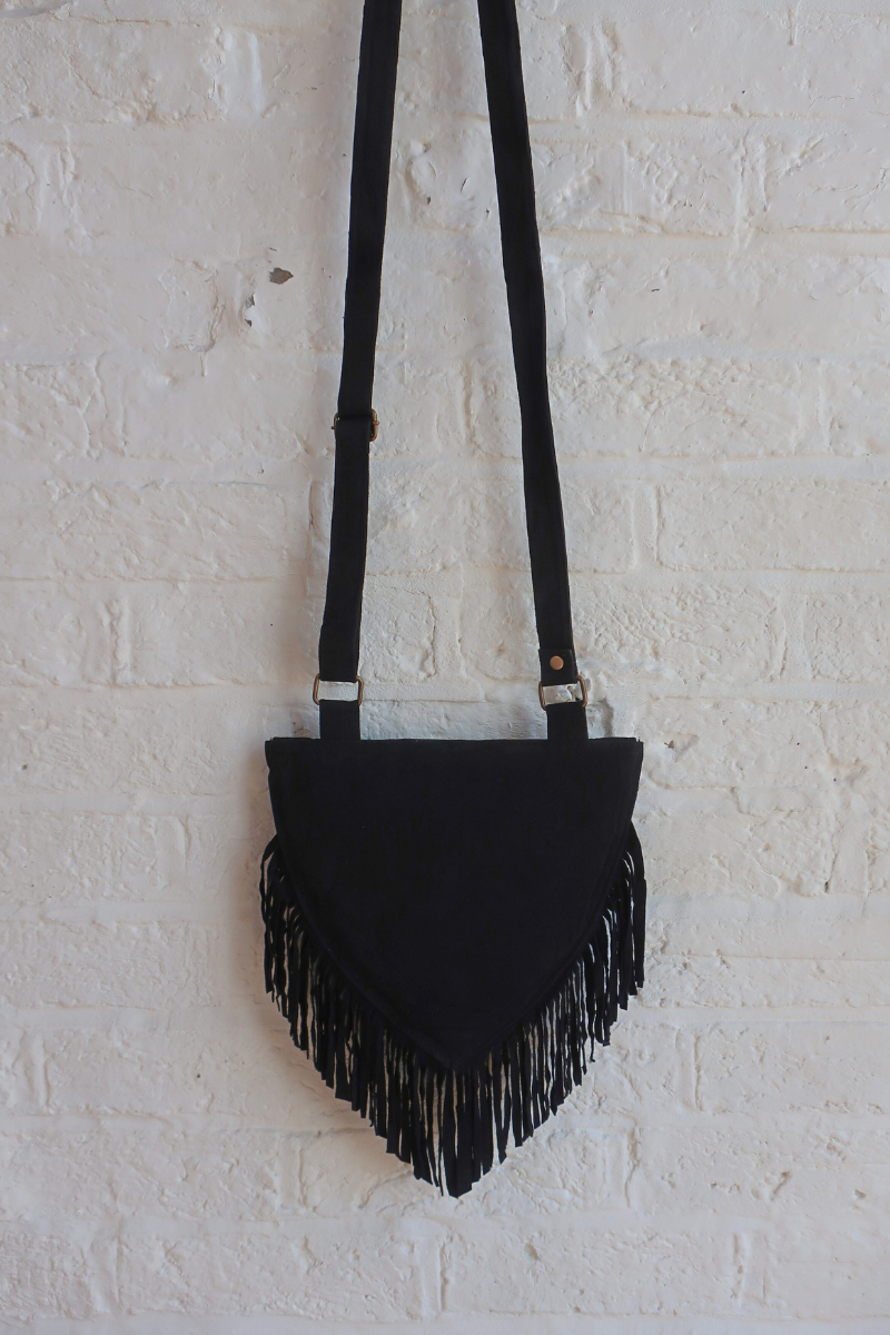 Zelda Embroidered Suede Saddle Bag in Black & Golden Brown Cosmos