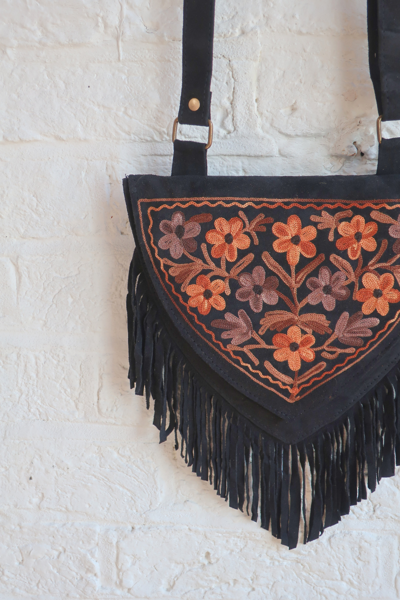 Zelda Embroidered Suede Saddle Bag in Black & Golden Brown Cosmos