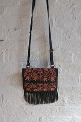 Zelda Embroidered Suede Saddle Bag in Black & Cinnamon Flowers
