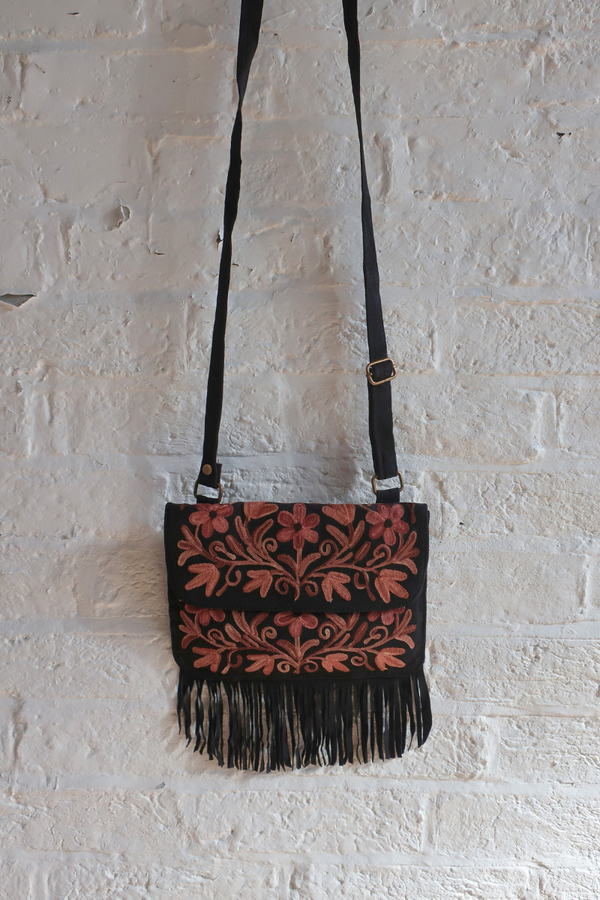 Zelda Embroidered Suede Saddle Bag in Black & Cinnamon Flowers
