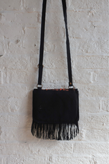 Zelda Embroidered Suede Saddle Bag in Black & Cinnamon Flowers