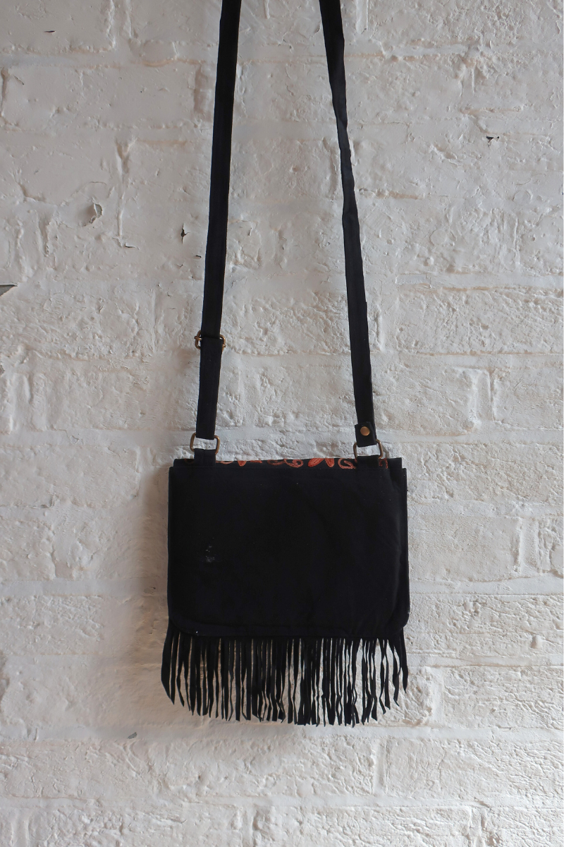 Zelda Embroidered Suede Saddle Bag in Black & Cinnamon Flowers
