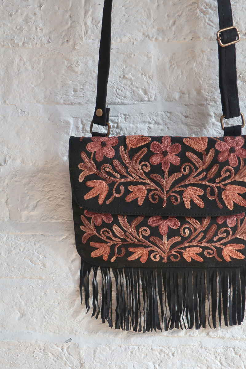 Zelda Embroidered Suede Saddle Bag in Black & Cinnamon Flowers